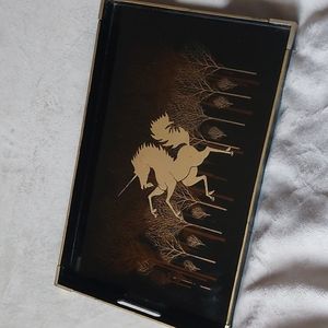 Vintage Otagiri laquerware tray with unicorn and brass corners